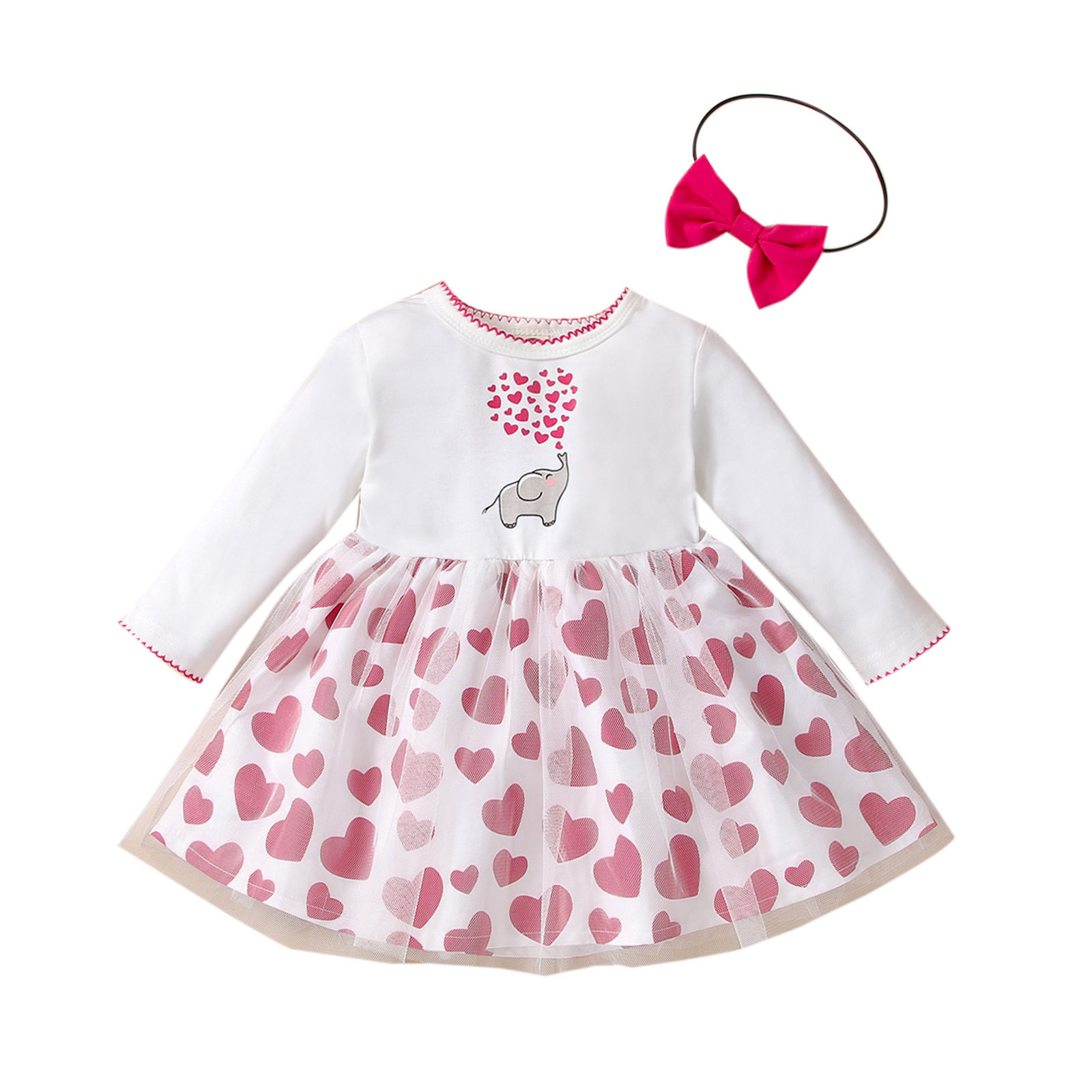 JSCDRPDWL Flower Girl Dress Toddler Baby Girls Valentine's Day Party Cartoon Heart Printed Tulle Princess Dress+Headbands Baby Girl Dress White 12-18 Months